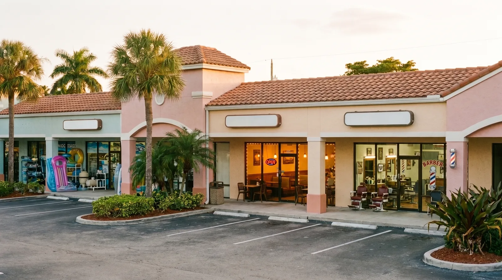 Row of local business storefronts in a Broward County plaza at golden hour