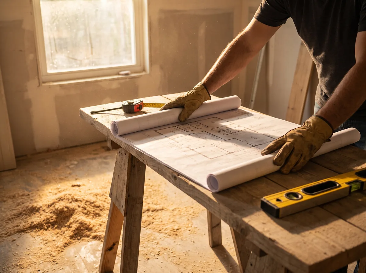 Contractor rolling out a floor plan at a renovation site