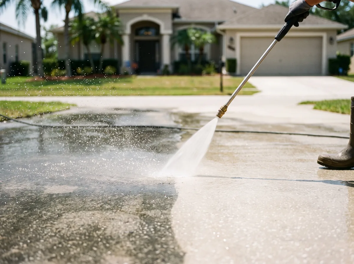 Pressure washing a concrete driveway, half clean and half dirty