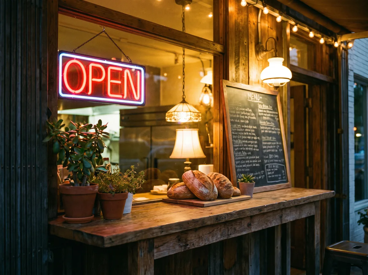 Warm local restaurant entrance with an open sign