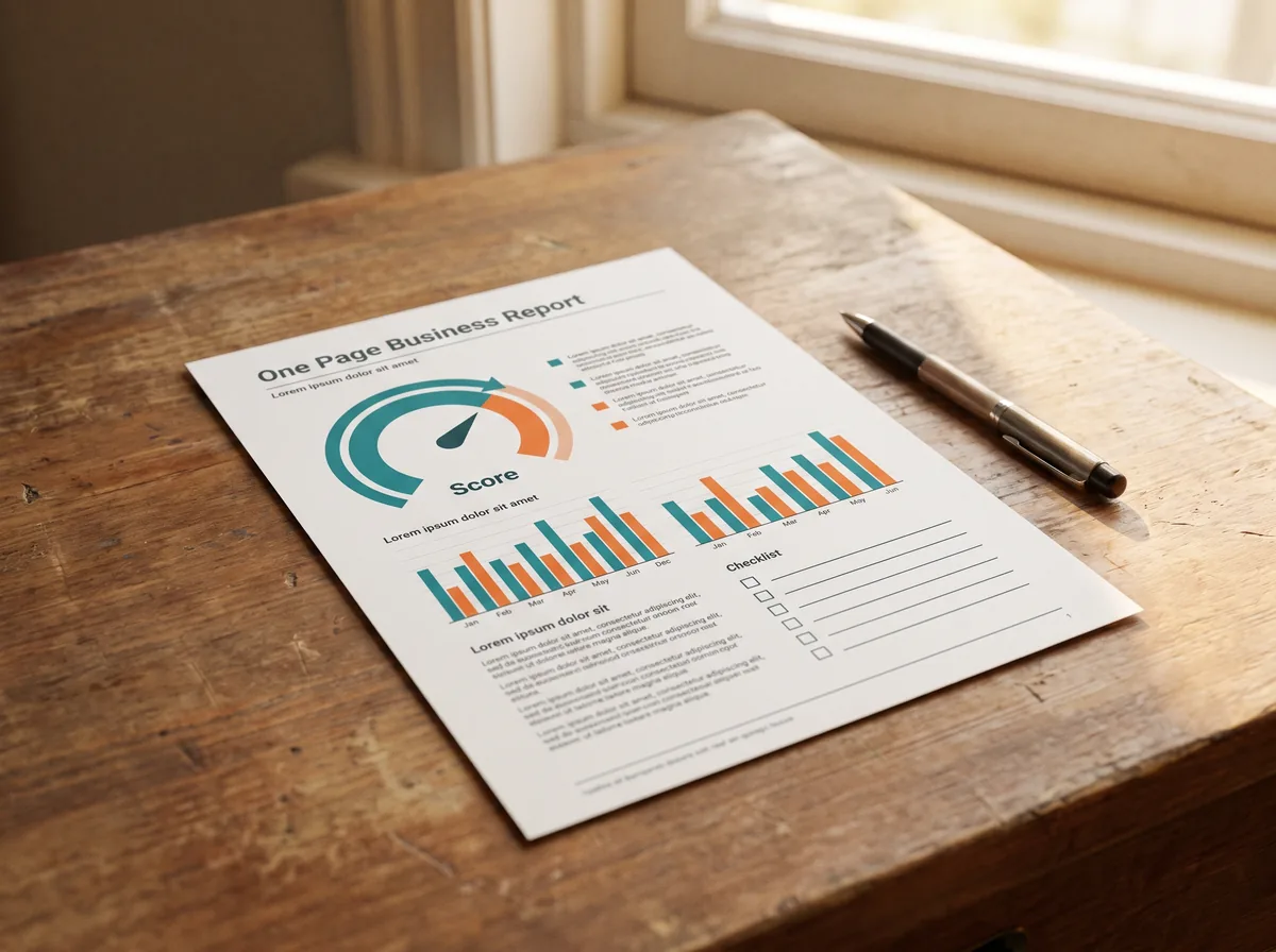 A one-page business scan report with a score gauge and priority list