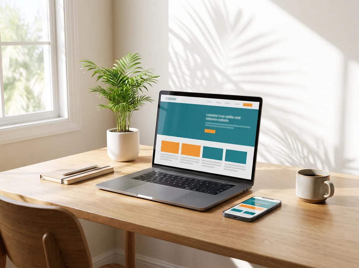 Laptop and phone on a desk showing a teal and orange website design